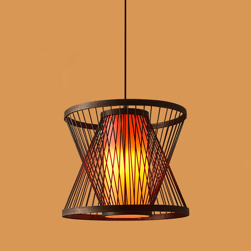 Chinese Style Bamboo Pendant Light Geometric Brown Hanging Pendant for Restaurant