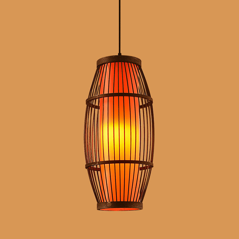 Chinese Style Bamboo Pendant Light Geometric Brown Hanging Pendant for Restaurant