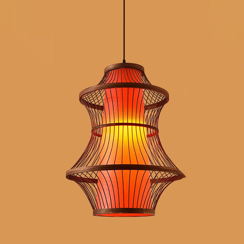 Chinese Style Bamboo Pendant Light Geometric Brown Hanging Pendant for Restaurant