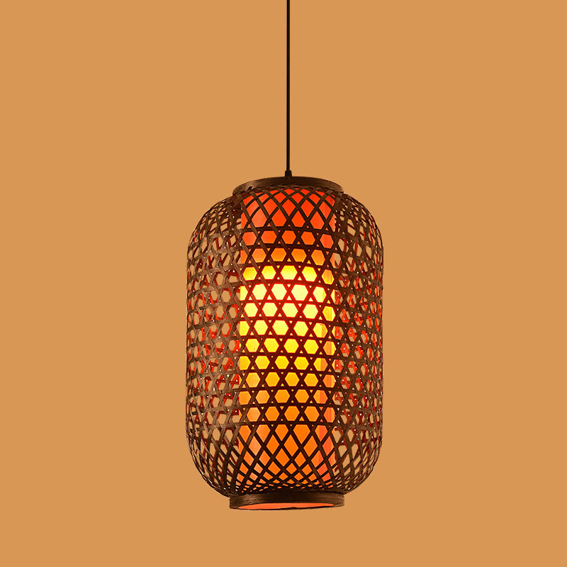 Chinese Style Bamboo Pendant Light Geometric Brown Hanging Pendant for Restaurant