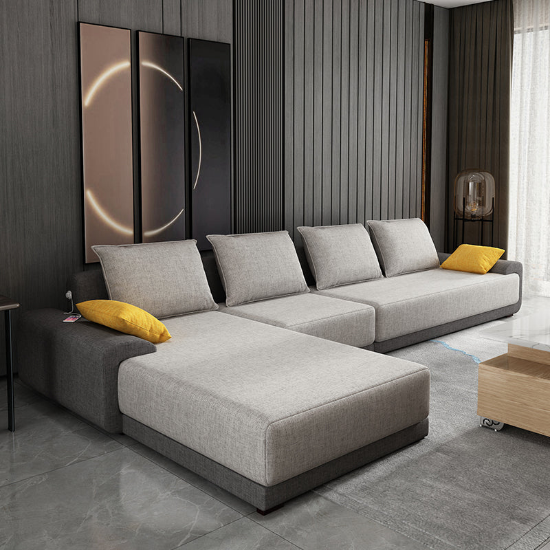 L-Shape Pillow Back Sofa and Chaise Faux Leather/Cotton-Blend Sectional for 4 People