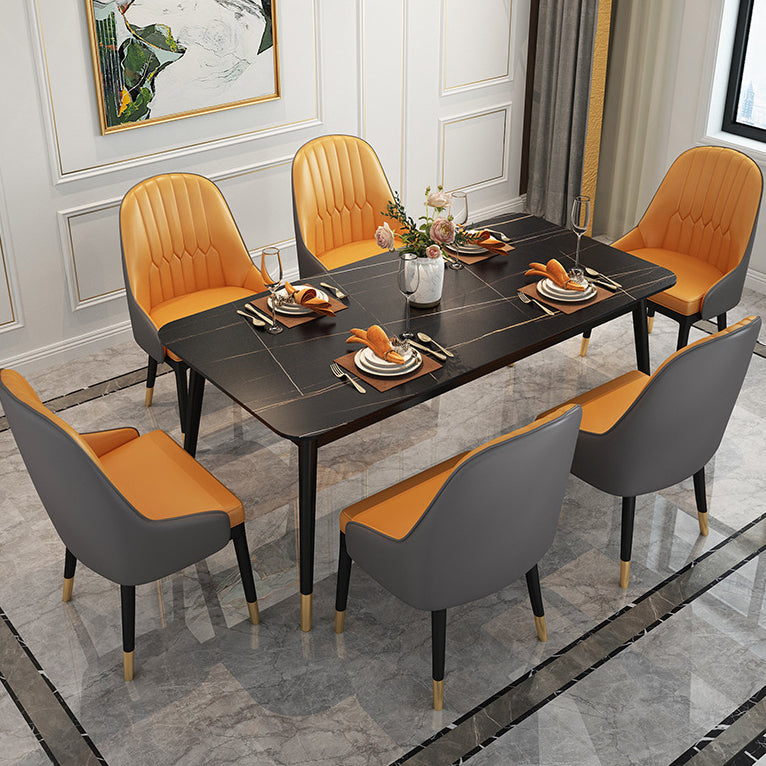 Stone Top Dining Table Contemporary Rectangle Table with 4 Black Legs