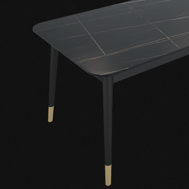 Stone Top Dining Table Contemporary Rectangle Table with 4 Black Legs