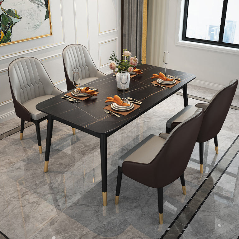 Stone Top Dining Table Contemporary Rectangle Table with 4 Black Legs