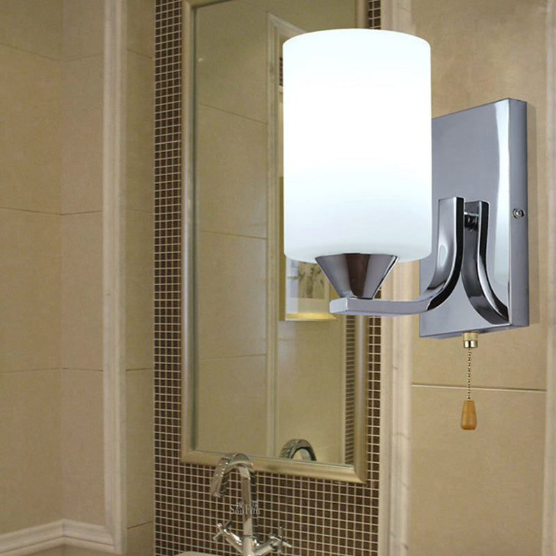 Cylindrical Shade Wall Lamp Modern White Glass Bedroom Sconce Light