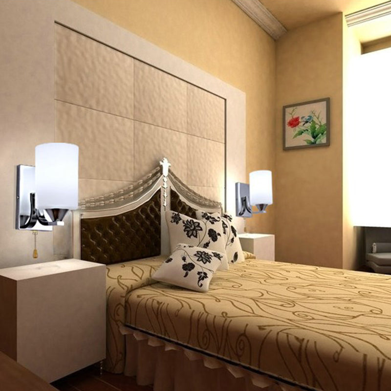 Cylindrical Shade Wall Lamp Modern White Glass Bedroom Sconce Light