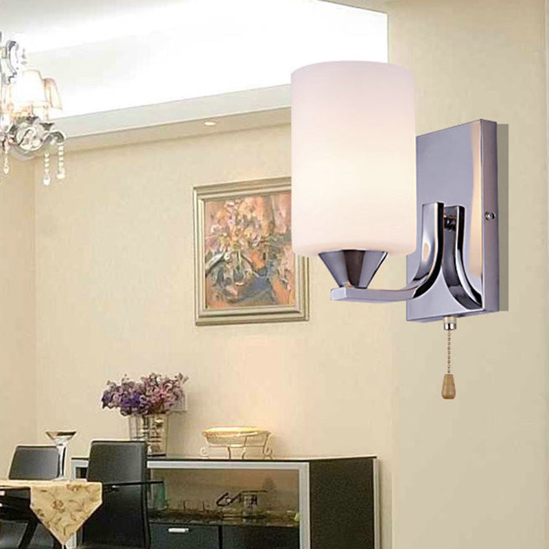 Cylindrical Shade Wall Lamp Modern White Glass Bedroom Sconce Light