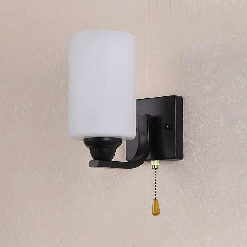 Cylindrical Shade Wall Lamp Modern White Glass Bedroom Sconce Light