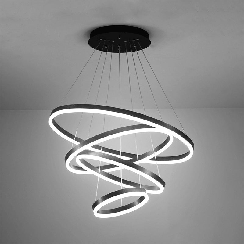1/2/3-Ring Living Room Ceiling Light Black Chandelier with Acrylic Shade in Warm/White Light