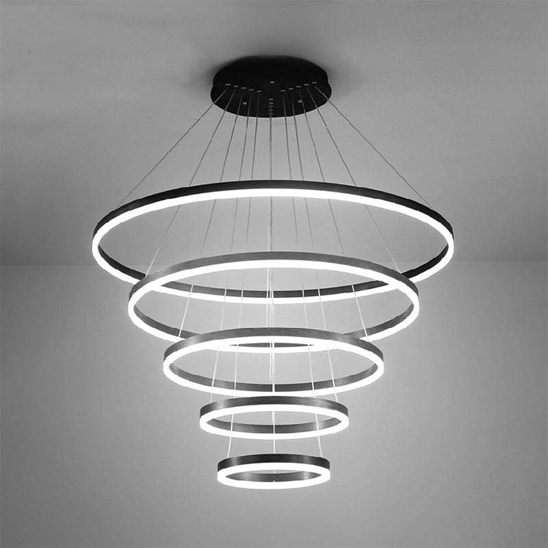 1/2/3-Ring Living Room Ceiling Light Black Chandelier with Acrylic Shade in Warm/White Light