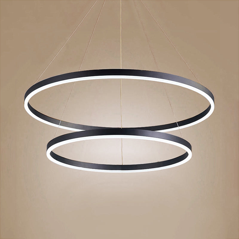 1/2/3-Ring Living Room Ceiling Light Black Chandelier with Acrylic Shade in Warm/White Light