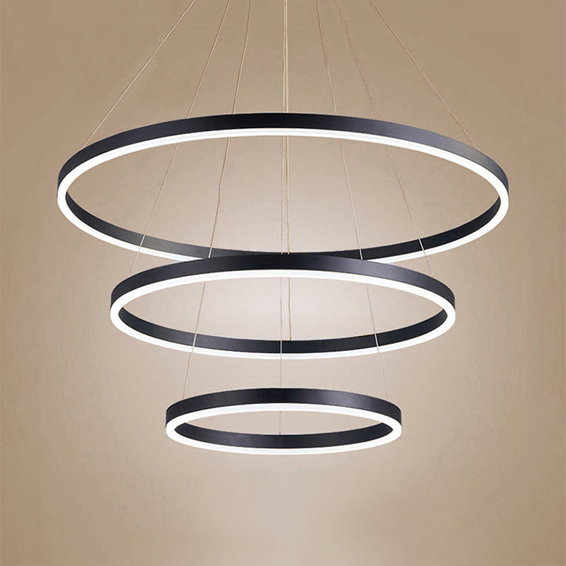 1/2/3-Ring Living Room Ceiling Light Black Chandelier with Acrylic Shade in Warm/White Light