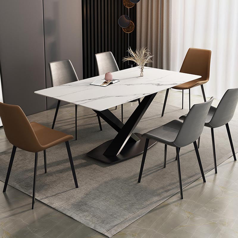 Contemporary Stone Dining Table Rectangle Dining Table with Pedestal Base in Black