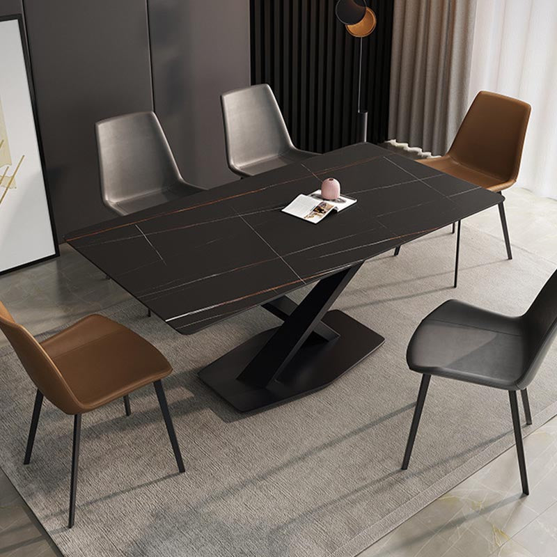 Contemporary Stone Dining Table Rectangle Dining Table with Pedestal Base in Black
