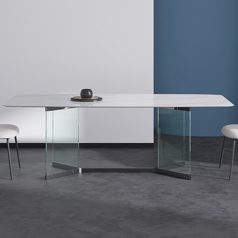 Modern Stone Double Pedestal Dining Table Rectangle White Top Table for Home