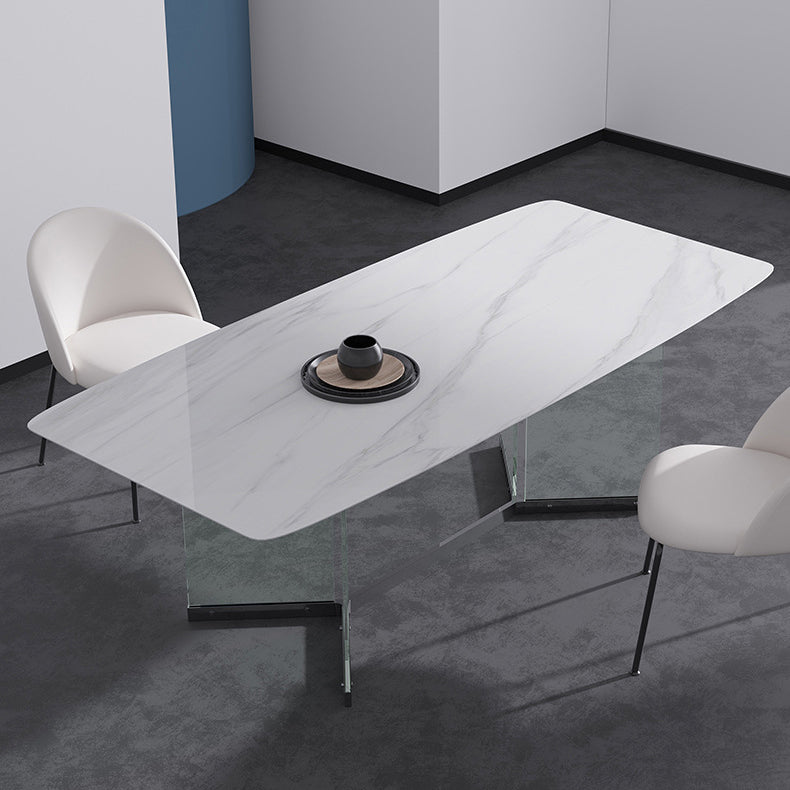 Modern Stone Double Pedestal Dining Table Rectangle White Top Table for Home