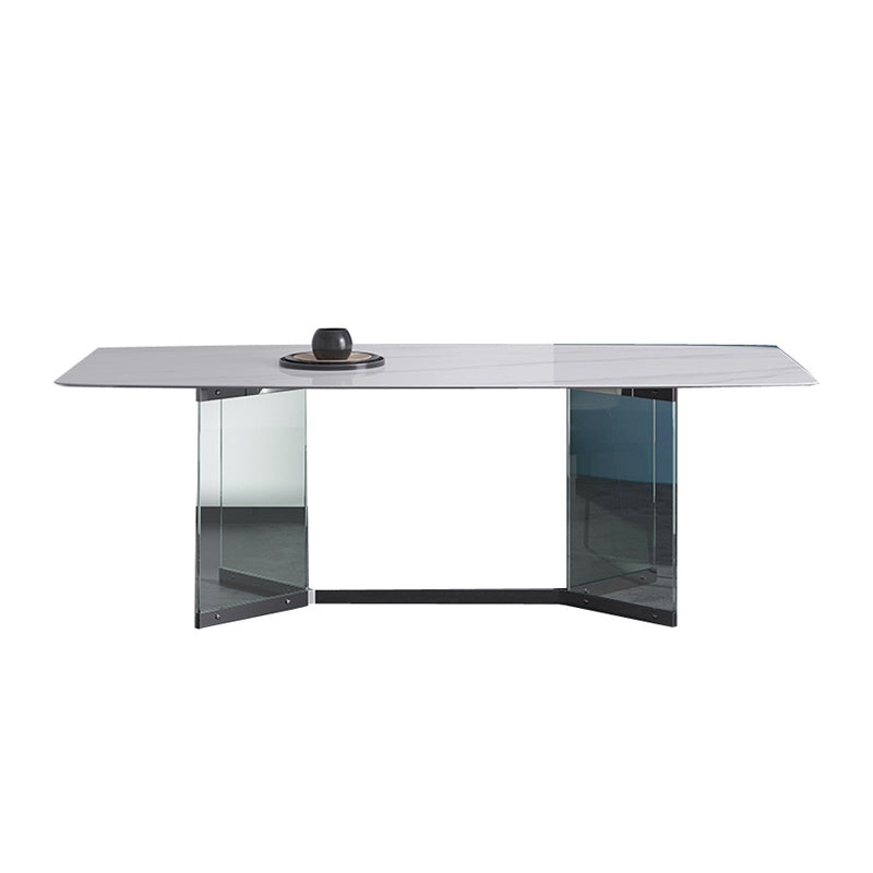 Modern Stone Double Pedestal Dining Table Rectangle White Top Table for Home