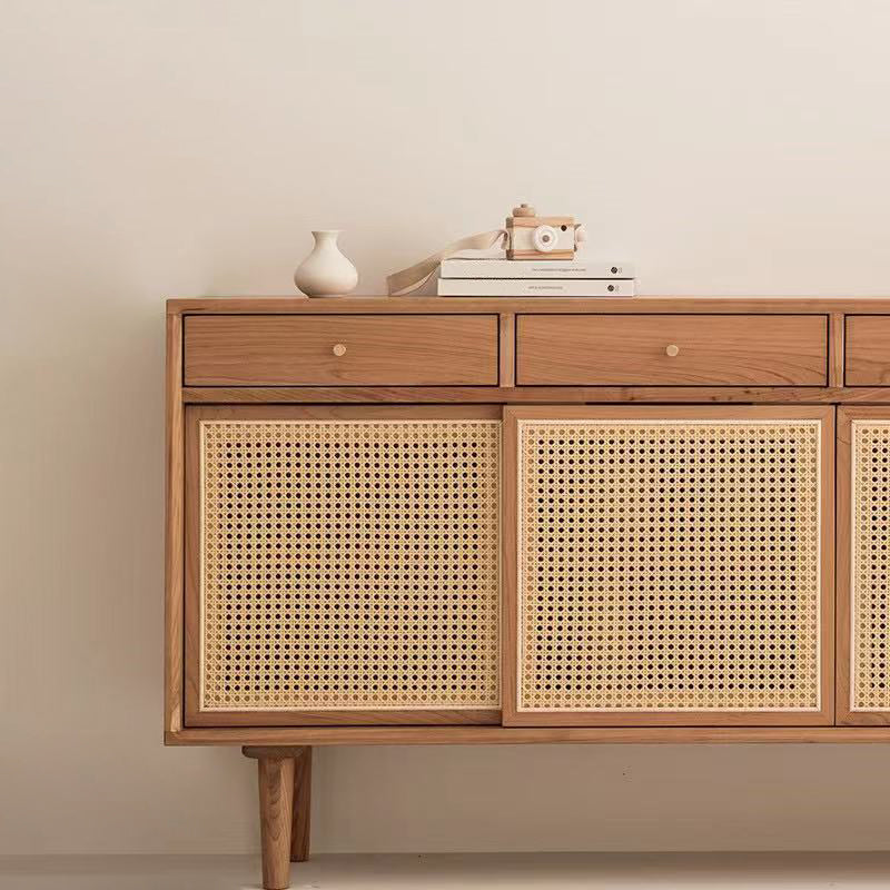 Simple Style Rattan Doors Cupboard Wood 32-inch Height Kitchen Sideboard for Dining Room
