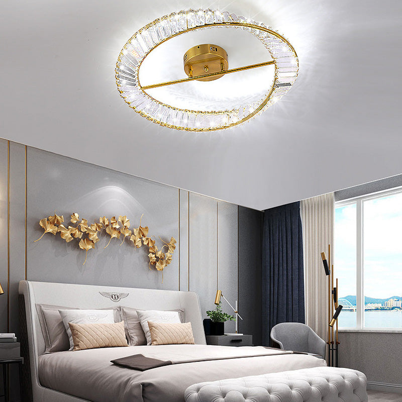 Contemporary Circular Flush Light Crystal 1 Light Flush Mount Ceiling Fixture in Gold