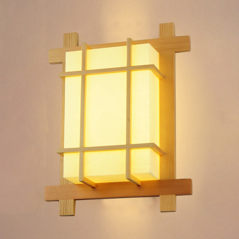 Square Shape Wooden Wall Sconce 1-Light Simple Wall Mount Lamp for Living Room
