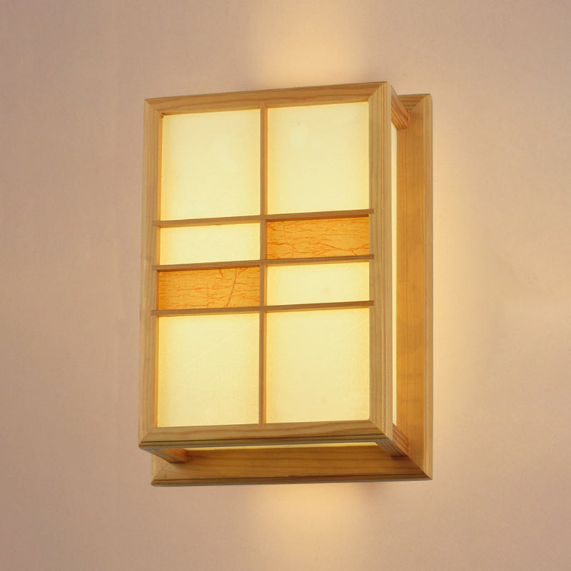 Square Shape Wooden Wall Sconce 1-Light Simple Wall Mount Lamp for Living Room