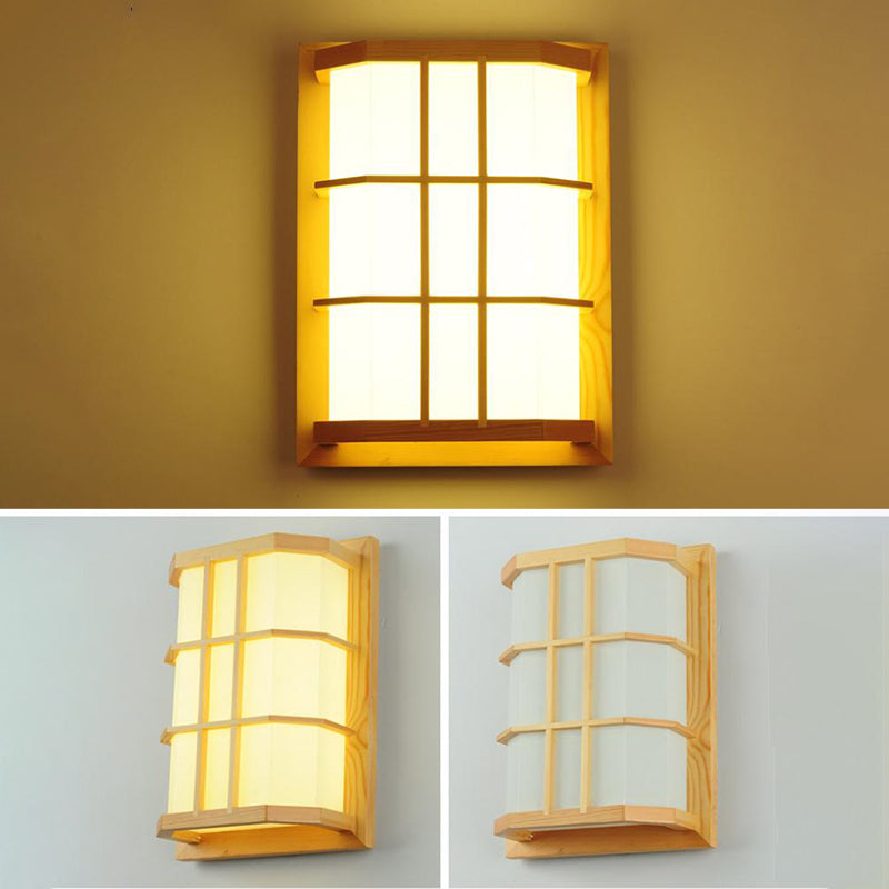 Square Shape Wooden Wall Sconce 1-Light Simple Wall Mount Lamp for Living Room