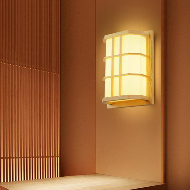 Square Shape Wooden Wall Sconce 1-Light Simple Wall Mount Lamp for Living Room