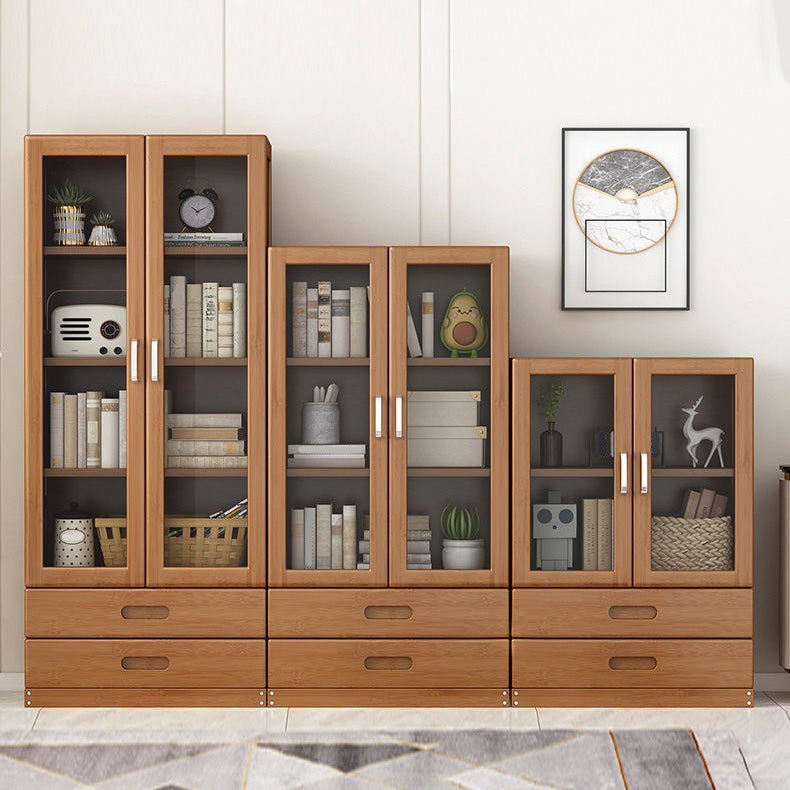 Manufactured Wood Standard Bookshelf Brown Vertical Bookcase with Door and Drawer