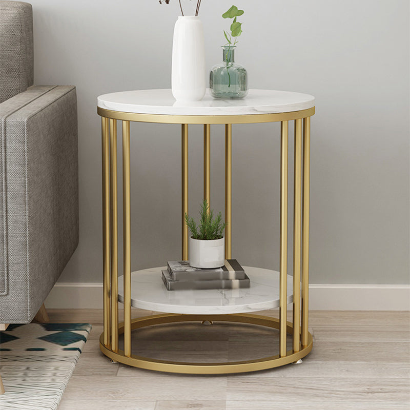 Round Marble Top End Table Modern Black/Golden Frame Base Storage Side Table