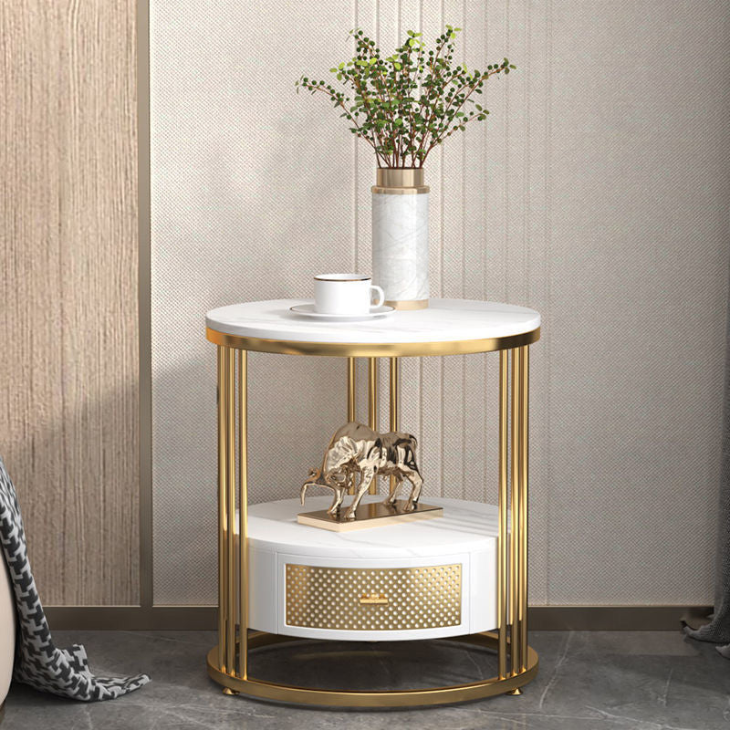 Mid-Century Modern Stone Top Metal Frame Sofa Side Table with Storage