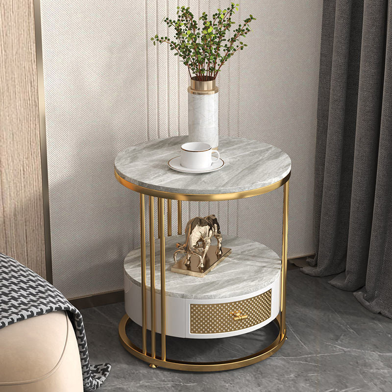 Mid-Century Modern Stone Top Metal Frame Sofa Side Table with Storage