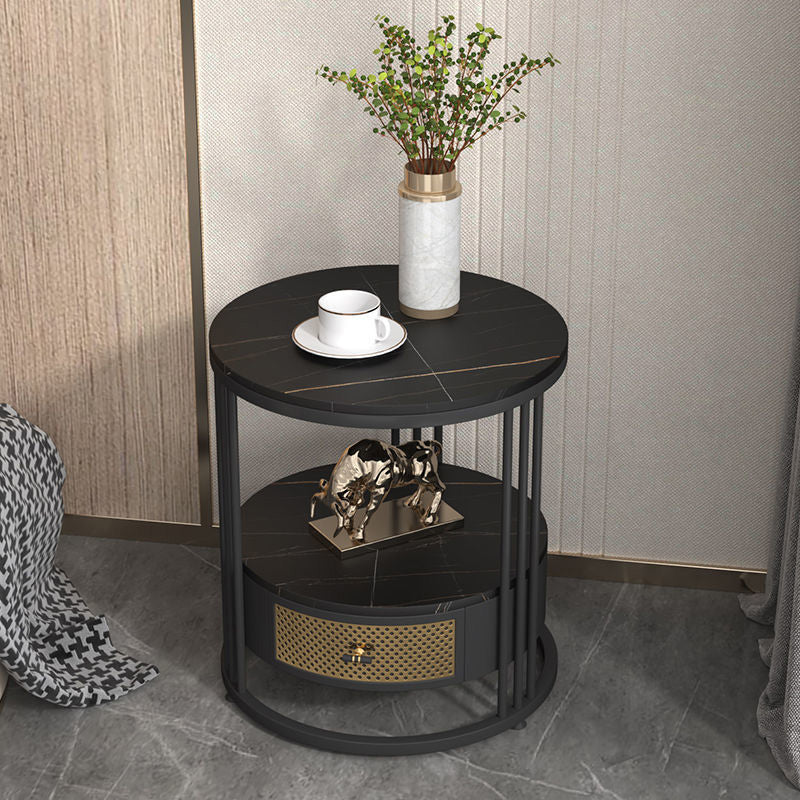 Mid-Century Modern Stone Top Metal Frame Sofa Side Table with Storage