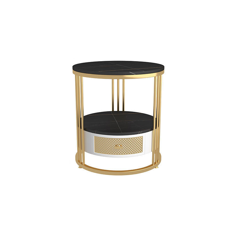 Mid-Century Modern Stone Top Metal Frame Sofa Side Table with Storage