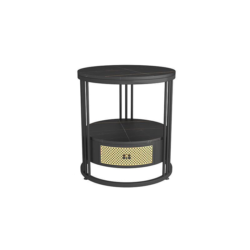 Mid-Century Modern Stone Top Metal Frame Sofa Side Table with Storage