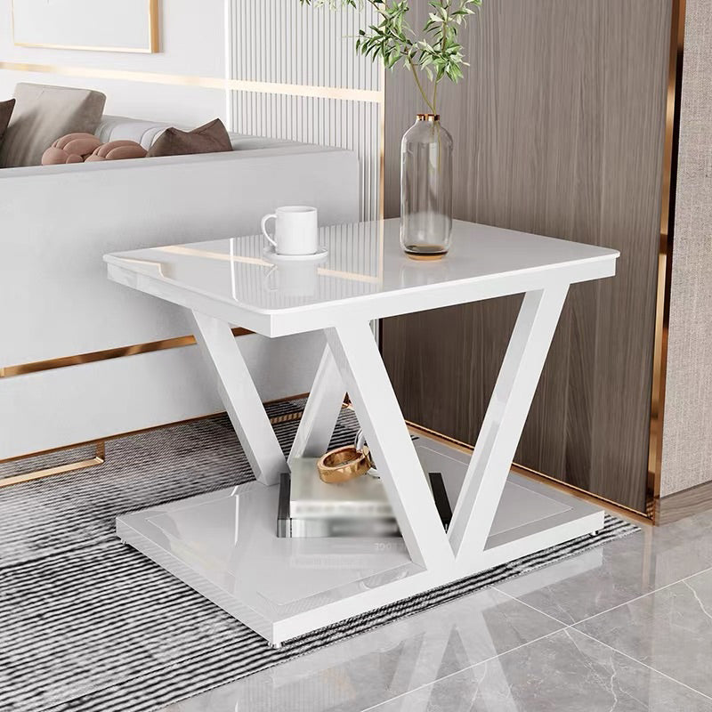 Square Block Base Metal Frame Black/white Tempered Glass Rectangular Coffee Table