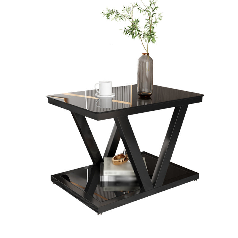 Square Block Base Metal Frame Black/white Tempered Glass Rectangular Coffee Table