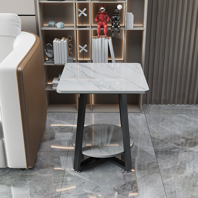 Cross Legs Square Side Table 21.65" Tall Stone End Table with Shelf