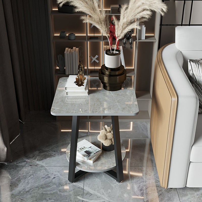 Cross Legs Square Side Table 21.65" Tall Stone End Table with Shelf