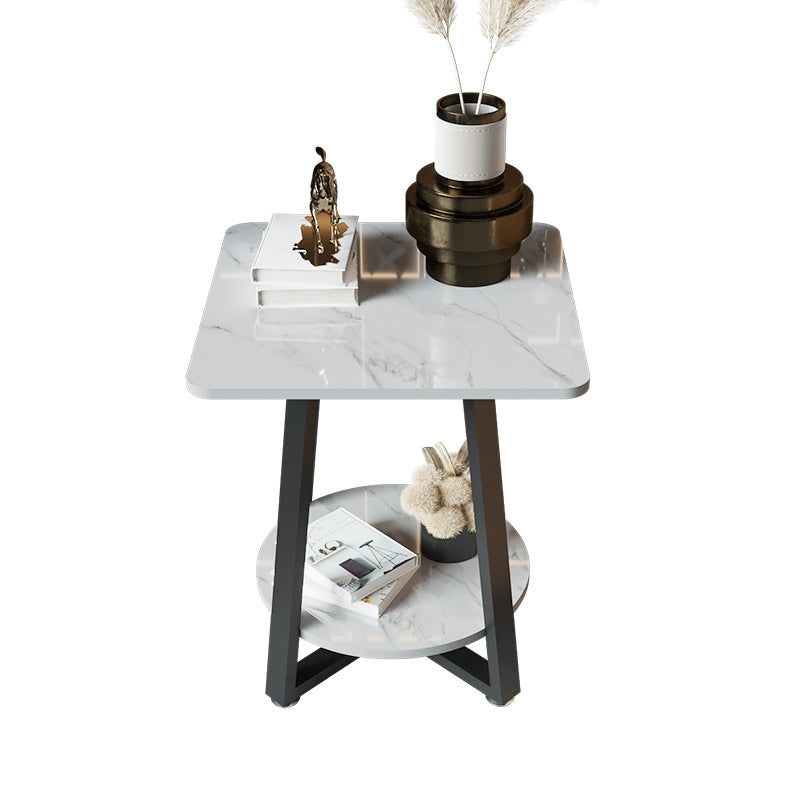 Cross Legs Square Side Table 21.65" Tall Stone End Table with Shelf