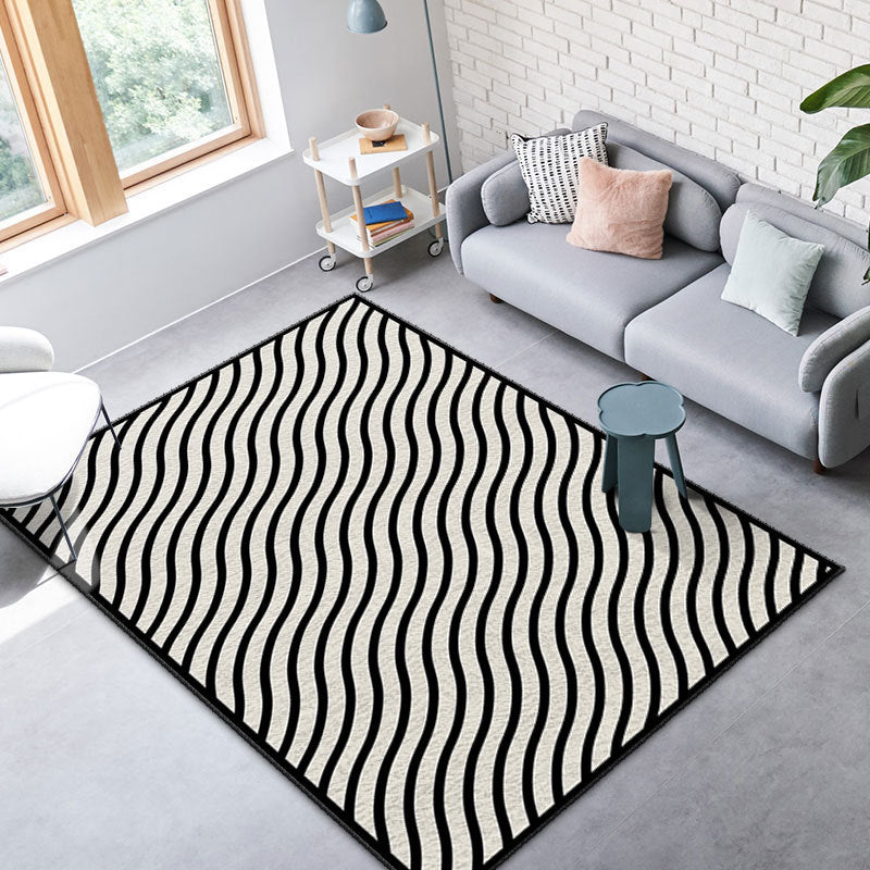 Black and White Lines Rug Living Room Carpet Polyester Washable Area Rug