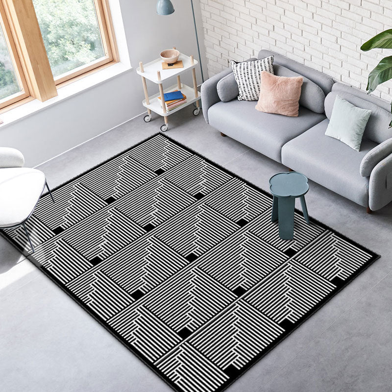 Black and White Lines Rug Living Room Carpet Polyester Washable Area Rug