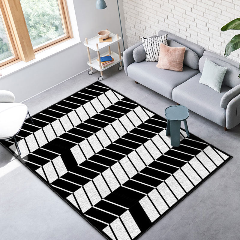 Black and White Lines Rug Living Room Carpet Polyester Washable Area Rug