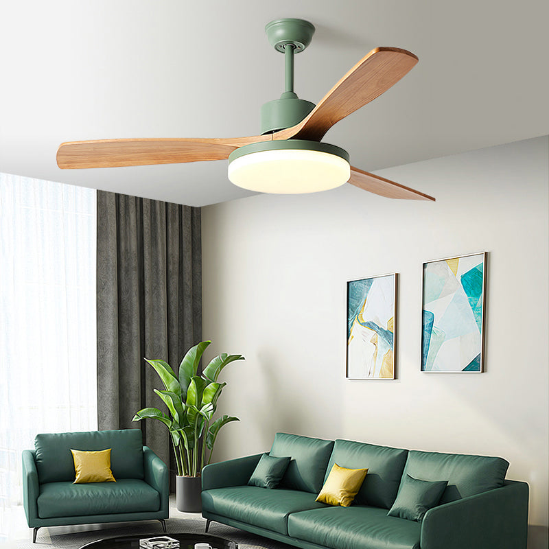 Acrylic Disc Shaped LED Pendant Fan Lighting Nordic Green Semi Flush Mount Lamp with 3 Wooden Blades