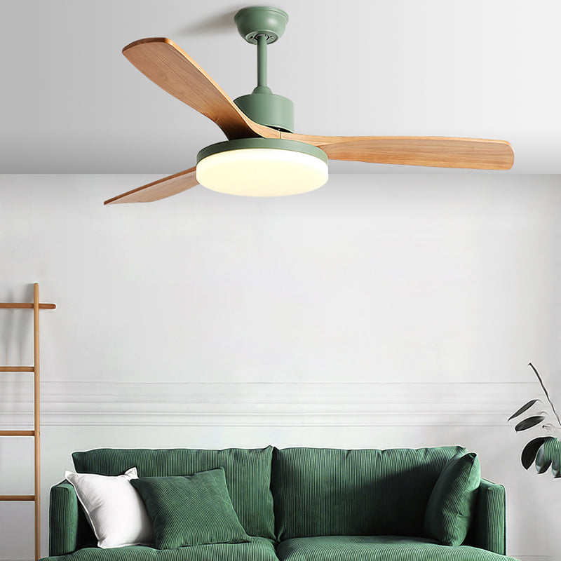 Acrylic Disc Shaped LED Pendant Fan Lighting Nordic Green Semi Flush Mount Lamp with 3 Wooden Blades