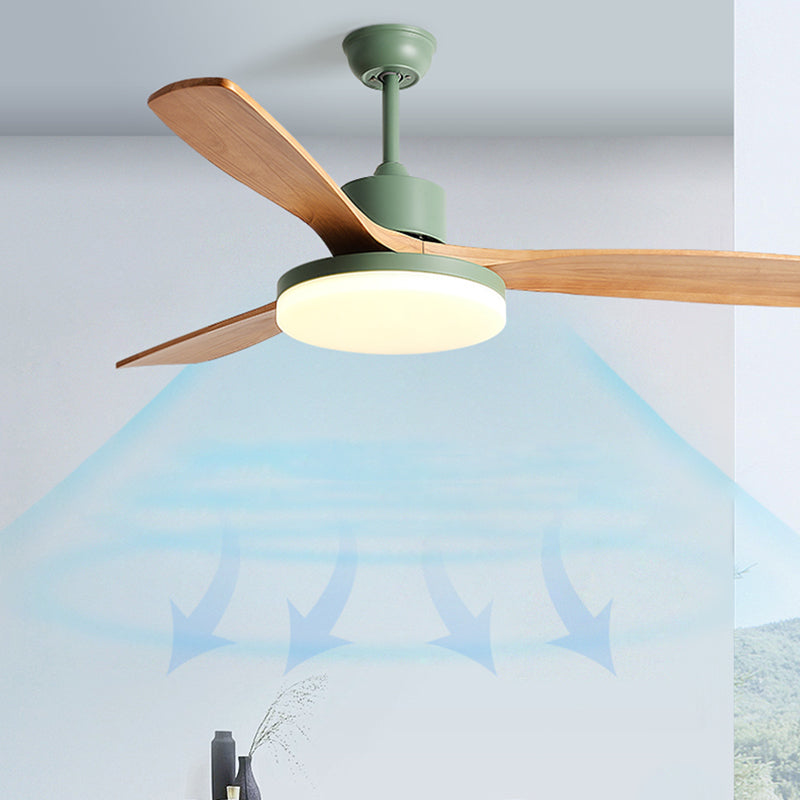 Acrylic Disc Shaped LED Pendant Fan Lighting Nordic Green Semi Flush Mount Lamp with 3 Wooden Blades