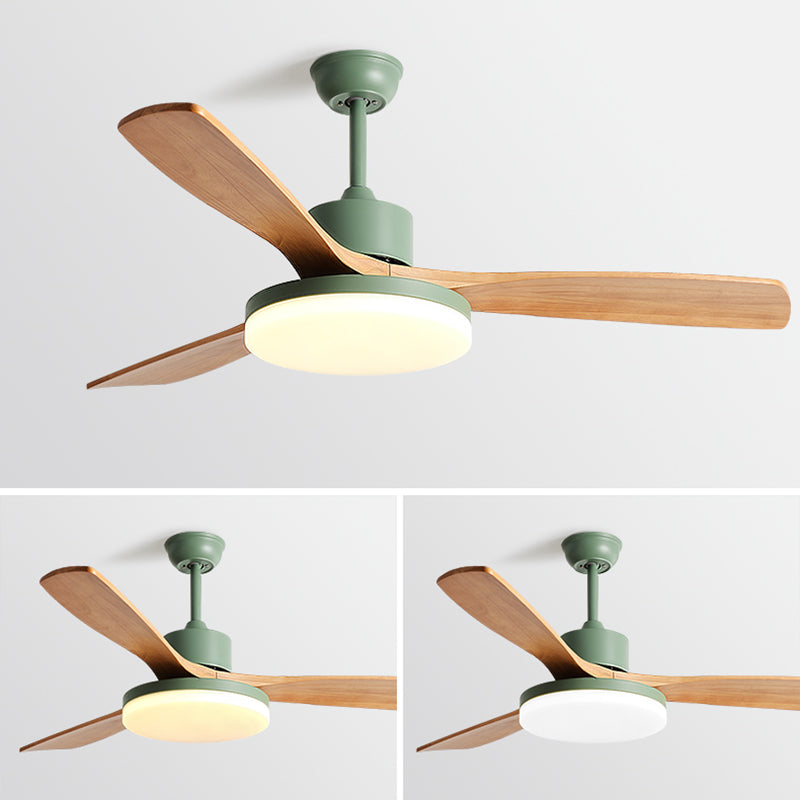 Acrylic Disc Shaped LED Pendant Fan Lighting Nordic Green Semi Flush Mount Lamp with 3 Wooden Blades