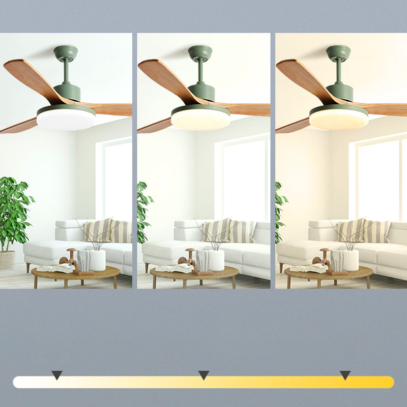 Acrylic Disc Shaped LED Pendant Fan Lighting Nordic Green Semi Flush Mount Lamp with 3 Wooden Blades