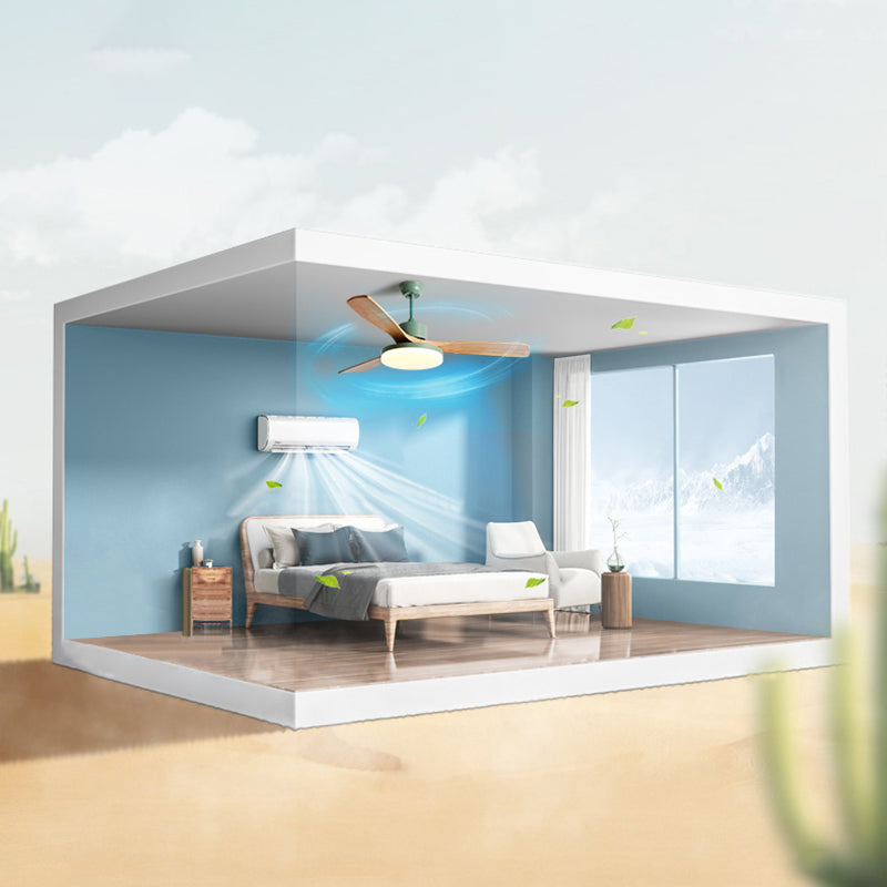 Acrylic Disc Shaped LED Pendant Fan Lighting Nordic Green Semi Flush Mount Lamp with 3 Wooden Blades