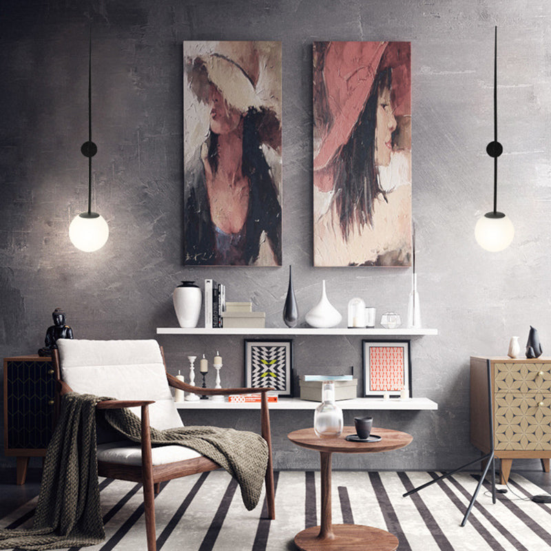 Orb Corridor Wall Light Fixture Milky Glass 1-Light Simple Wall Lamp Sconce with Pencil Arm