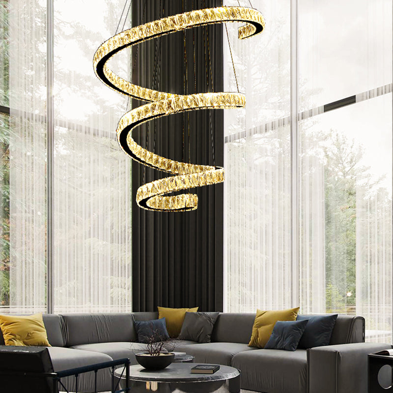 Cristal incrusté en spirale lustre pendentif lumineuse simplicité en acier inoxydable